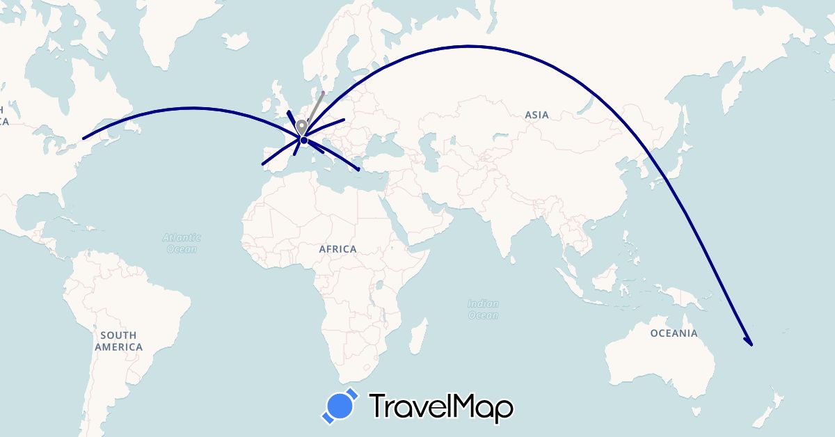 TravelMap itinerary: driving, plane, train in Canada, Switzerland, Germany, Denmark, Spain, France, United Kingdom, Greece, Italy, New Caledonia, Poland, Portugal (Europe, North America, Oceania)